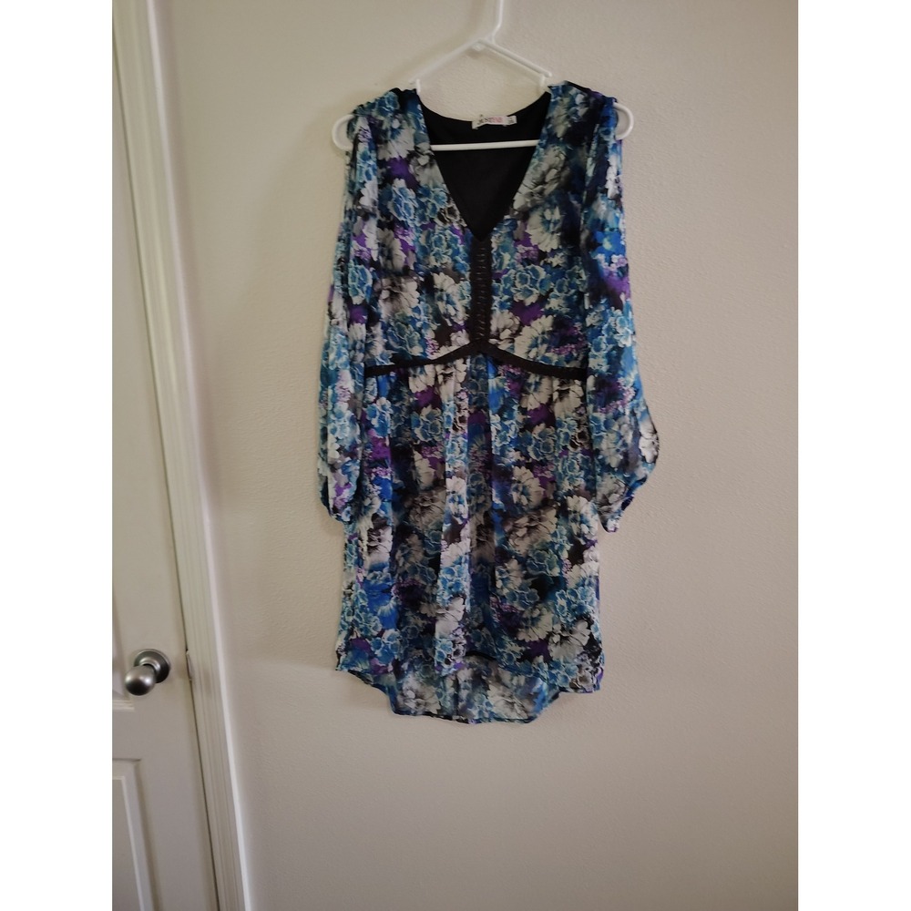 JustFab Blue Floral Cold Shoulder Mini Dress‎ V-Neck High Low Boho Small